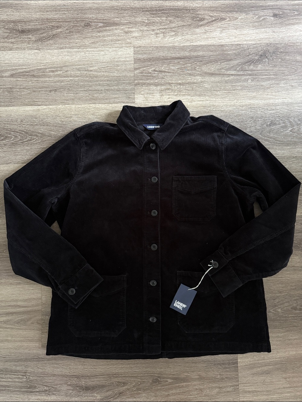 Lands' End Black Corduroy Button-Front Utility Jacket Classic Oversized